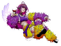 Rule 34 | 1girl, alcohol, belt, black nails, breasts, cleavage, closed mouth, commentary request, cup, detached sleeves, drinking glass, earrings, fingernails, full body, fur sleeves, highres, hironoshin 110, holding, holding cup, jewelry, leg warmers, long hair, looking at viewer, midriff, nanashi inc., navel, purple belt, purple hair, purple sleeves, purple sports bra, simple background, skirt, smile, solo, sports bra, uruwashi ririri, virtual youtuber, white background, wine, wine glass, yellow skirt