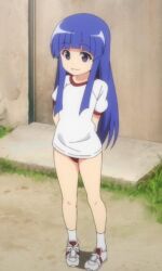 1girl anime_screenshot blue_hair buruma day full_body furude_rika gym_shirt gym_uniform highres higurashi_no_naku_koro_ni long_hair outdoors purple_eyes red_buruma shirt shoes short_sleeves smug socks standing white_shirt white_shoes white_socks