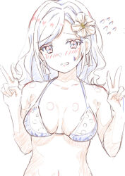 1girl bare_arms bikini blush breasts ceras_yanagida_lilienfeld collarbone color_trace double_v embarrassed flower flying_sweatdrops hair_flower hair_ornament hair_ribbon ikuto_(nanami_ice) large_breasts link!_like!_love_live! long_hair looking_to_the_side love_live! navel nervous_smile nervous_sweating ribbon sketch smile solo sweat swimsuit v white_background