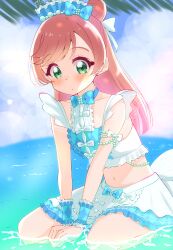 1girl absurdres alternate_costume blue_sky blush cloud cloudy_sky day frilled_cuffs green_eyes hair_bun hair_ornament hair_ribbon highres hirogaru_sky!_precure horizon kneeling long_hair looking_at_viewer midriff miniskirt navel nijigaoka_mashiro ocean on_ground outdoors palm_tree pink_hair precure pretty_series ribbon shirt single_hair_bun skirt sky sleeveless sleeveless_shirt solo sugimura_mickey summer_maid_coord tree v-any water white_ribbon white_shirt white_skirt