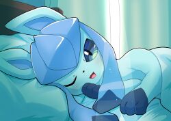 bed_sheet blue_eyes blush curtains gen_4_pokemon glaceon highres indoors lying nanahoshi_(wadorigi) nintendo no_humans on_bed on_side one_eye_closed pokemon pokemon_(creature) pokemon_focus