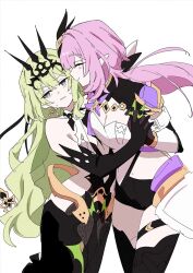 2girls bare_shoulders black_dress black_gloves black_shorts black_tiara breasts cleavage closed_eyes clothing_cutout corset dress earrings elf elysia_(honkai_impact) elysia_(miss_pink_elf)_(honkai_impact) gloves green_eyes green_hair haigo_ti hair_ornament highres honkai_(series) honkai_impact_3rd interlocked_fingers jewelry long_hair medium_breasts mobius_(honkai_impact) multiple_girls navel ouroboros pink_hair pointy_ears protected_link short_shorts shorts side_cutout simple_background slit_pupils small_breasts smile sweatdrop thighs tiara white_background white_corset