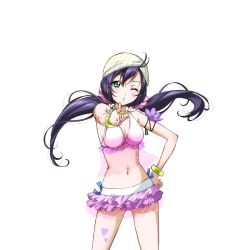 1girl anime_coloring bead_necklace beads bikini blowing_kiss blue_bow blush bow bracelet breasts cowboy_shot finger_gun flower frilled_bikini frills green_eyes halterneck hand_on_own_hip headscarf heart heart_tattoo jewelry leg_tattoo long_hair looking_at_viewer love_live! love_live!_school_idol_festival love_live!_school_idol_project low_twintails natsuiro_egao_de_1_2_jump! navel necklace official_art one_eye_closed pink_bikini pink_scrunchie pointing pointing_at_viewer purple_flower purple_hair scrunchie see-through_clothes smile solo swimsuit tattoo tojo_nozomi transparent_background twintails