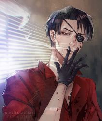 Rule 34 | 1boy, after battle, blood, blood on clothes, blood on face, chain, chain necklace, cigarette, eyebrows, facial hair, highres, jewelry, looking at viewer, mafia, majima goro, male focus, necklace, one-eyed, ryuu ga gotoku (series), ryuu ga gotoku 4, sleeves rolled up, smoke, smoke trail, smoking, washuu, window, window shadow, yakuza