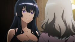 2girls animated bedroom black_hair breasts cleavage collarbone grey_hair large_breasts lily_(spy_kyoushitsu) long_hair looking_at_another multiple_girls nightgown purple_eyes seductive_gaze sleepwear sound spy_kyoushitsu tagme talking thea_(spy_kyoushitsu) video
