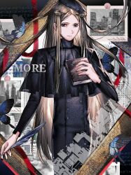 Rule 34 | 1boy, arm up, beret, black eyes, black hat, black shrug, blonde hair, blue butterfly, book, bug, butterfly, character name, closed mouth, eyelashes, hat, holding, holding book, holding quill, horns, insect, long hair, long sleeves, looking ahead, male focus, metaphor: refantazio, more (metaphor: refantazio), outstretched arm, parted bangs, parted hair, pkkoje98bo88835, quill, shrug (clothing), smile, solo, standing, very long hair