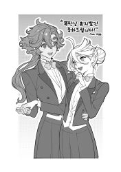 2girls absurdres baesong blush bow bowtie commentary_request greyscale gundam gundam_suisei_no_majo hair_bun hand_on_another&#039;s_waist highres holding_hands korean_commentary korean_text looking_at_another miorine_rembran monochrome multiple_girls open_mouth pants ponytail smile suletta_mercury thick_eyebrows translation_request tuxedo yuri