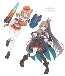 2girls :d ahoge belt belt_pouch beret blue_shoes boots breasts brown_boots brown_cape brown_corset brown_eyes brown_hair buttons cape chef_hat cleavage_cutout clothing_cutout colored_inner_hair commentary corset crossed_bangs dagger detached_sleeves double-breasted double-parted_bangs english_commentary feather_hair_ornament feathers full_body gradient_hair green_feathers green_hair hair_between_eyes hair_flaps hair_ornament hairclip hat high_collar highres holding holding_dagger holding_knife holding_lantern holding_shield holding_sword holding_weapon hololive hololive_english hood hooded_cape kneehighs knife lantern large_breasts long_hair looking_at_another medium_breasts mini_hat miniskirt multicolored_hair multiple_girls multiple_hats nanashi_mumei nanashi_mumei_(1st_costume) open_mouth orange_hair orange_hat orange_skirt orange_vest pleated_skirt pouch purple_eyes red_skirt ribbed_sleeves shield shirt shoes single_kneehigh single_sock single_thighhigh skirt smile sneakers socks split_ponytail streaked_hair sword takanashi_kiara takanashi_kiara_(1st_costume) teeth thighhighs three-quarter_sleeves two-sided_cape two-sided_fabric underbust upper_teeth_only very_long_hair vest vinhnyu virtual_youtuber weapon white_hat white_shirt white_thighhighs
