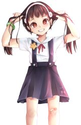 1girl absurdres bandaid bandaid_on_knee bandaid_on_leg black_hair blue_skirt blush child dot_nose eyelashes feet_out_of_frame female_focus grin hachikuji_mayoi hairband hands_up highres long_hair looking_at_viewer meemz_a monogatari_(series) neck_ribbon red_eyes red_ribbon ribbon shirt short_sleeves simple_background skirt smile solo standing star_ornament teeth twintails white_background white_hairband white_shirt