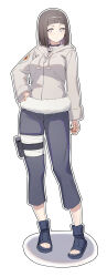 1girl arched_bangs black_hair black_pants blue_shoes boruto:_naruto_next_generations brown_jacket c-eye closed_mouth commentary forehead_protector full_body hand_on_own_hip highres hyuuga_hinata jacket konohagakure_symbol long_sleeves looking_at_viewer naruto_(classic) naruto_(series) no_pupils open-toe_shoes outline pants shoes short_hair smile solo standing symbol-only_commentary white_background white_eyes white_outline