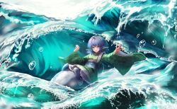1girl blue_eyes blue_hair blush commentary_request day fins frilled_kimono frills green_kimono head_fins japanese_clothes kimono long_sleeves looking_at_viewer mermaid monster_girl obi obijime ocean outdoors sash short_hair short_kimono solo surfing teruteru12 touhou wakasagihime water water_drop waves wide_sleeves