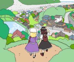 Rule 34 | 2girls, back, bag, black headwear, black skirt, blonde hair, bow, brown hair, comic, commentary request, dress, gensokyo, hair bow, hat, house, koyama shigeru, maribel hearn, mob cap, mountain, multiple girls, nature, outdoors, puffy short sleeves, puffy sleeves, purple dress, shirt, short hair, short sleeves, skirt, torii, touhou, tree, usami renko, white bow, white headwear, white shirt