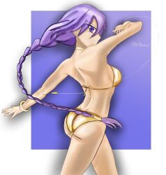 1girl artist_name ass bikini braid braided_ponytail breasts carnival_phantasm gold_bikini highres large_breasts legs long_hair looking_at_viewer melty_blood open_mouth purple_eyes purple_hair sideboob sion_eltnam_(type-moon) sion_eltnam_atlasia smile solo swimsuit thighs tongue tsukihime very_long_hair volleyball