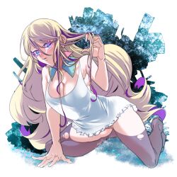 1girl bare_shoulders black_pantyhose blonde_hair blue_eyes breasts cleavage diabellze_the_original_sinkeeper dress duel_monster full_body kneeling large_breasts pantyhose purple_eyes purple_hair seisei_neko solo torn_clothes torn_pantyhose white_background white_dress yu-gi-oh!