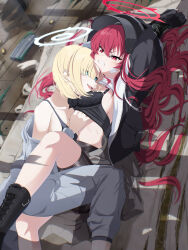 2girls absurdres altyn_helmet arms_up bike_shorts biker_clothes bikesuit black_bra black_helmet blonde_hair blue_archive bodysuit boots bound bound_wrists bra character_request clenched_teeth clothes_lift combat_helmet grabbing_another&#039;s_breast grey_sailor_collar groping halo helmet highres jacket kokolokokomika long_hair lying multiple_girls open_clothes open_jacket rabu_(blue_archive) red_hair red_halo sailor_collar sharp_teeth shirt_lift teeth underwear yuri