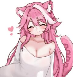 1girl :3 ^_^ animal_ears bare_shoulders blush breasts cleavage closed_eyes closed_mouth collarbone commentary covered_navel english_commentary facing_viewer hair_intakes heart hololive hololive_english large_breasts leaning_to_the_side long_hair long_sleeves moshiedraws multicolored_hair off-shoulder_shirt off_shoulder panther_ears panther_girl panther_tail pink_hair raora_panthera see-through_silhouette shirt simple_background smile solo streaked_hair tail two-tone_hair virtual_youtuber white_background white_shirt