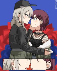 2girls absurdres baseball_cap black_hat black_jacket black_tank_top blue_background blue_eyes blush closed_mouth collar commentary cross cross_necklace fishnet_top fishnets girls_band_cry green_jacket grey_eyes grey_hair hand_on_another&#039;s_face hat highres imminent_kiss iseri_nina jacket jewelry kawaragi_momoka long_hair long_sleeves multiple_girls necklace parted_lips red_collar red_hair short_twintails simple_background tank_top twintails twitter_username weabooz yuri
