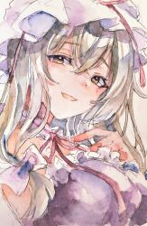 absurdres bare_shoulders blonde_hair choker dress hair_between_eyes hair_ribbon hand_on_own_chest hat highres kamu_kotan long_hair looking_at_viewer mob_cap open_mouth painting_(medium) portrait purple_dress ribbon ribbon_choker smile touhou traditional_media watercolor_(medium) yakumo_yukari yellow_eyes