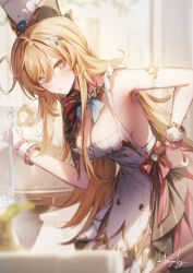 1girl apron bare_shoulders blonde_hair blue_eyes blush breasts chef_hat cleavage cowlick detached_collar escoffier_(genshin_impact) fork_hair_ornament genshin_impact genyaky hat highres ladle large_breasts leaning_forward long_hair looking_at_viewer red_skirt skirt solo white_apron wrist_cuffs