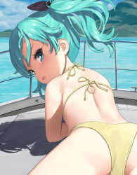 1girl aqua_eyes aqua_hair ass back bikini commentary_request cropped day jiji_(aardvark) looking_at_viewer looking_back lying medium_hair melonbooks ocean on_stomach original outdoors solo sunlight swimsuit twintails water