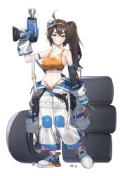 1girl ahoge arm_up bandaid bandaid_on_cheek bandaid_on_face bare_shoulders bikini bikini_under_clothes breasts brown_hair buckle cleavage elbow_gloves full_body gloves hammer highres holding holding_screwdriver holding_tool impact_wrench large_breasts long_hair looking_at_viewer mole mole_on_breast navel nut_(hardware) orange_bikini original piyo_(piyo8415) pouch screw screwdriver shoes side_ponytail simple_background solo standing swimsuit thick_eyebrows unused_tire v-shaped_eyebrows white_background white_gloves white_shoes yellow_eyes