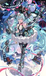 1girl absurdres aqua_eyes aqua_hair balloon black_dress black_sleeves carousel confetti detached_sleeves diamond_print dress hat hatsune_miku highres holding holding_microphone_stand long_hair looking_at_viewer magical_mirai_(vocaloid) magical_mirai_miku magical_mirai_miku_(2019) magician mento microphone microphone_stand mini_hat necktie open_mouth rabbit sleeveless sleeveless_dress smile solo stage striped_clothes striped_thighhighs thighhighs top_hat toy_train train twintails unworn_hat unworn_headwear vertical-striped_clothes vertical-striped_thighhighs very_long_hair vintage_microphone vocaloid white_dress