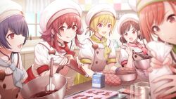 5girls anus apron arisugawa_natsuha blonde_hair blue_hair bowl brown_hair candy chocolate chocolate_bar english_text fang food game_cg hat highres holding houkago_climax_girls_(idolmaster) idolmaster idolmaster_shiny_colors idolmaster_shiny_colors_song_for_prism komiya_kaho licking_lips measuring_cup milk_carton mixer_(cooking) morino_rinze multiple_girls official_art open_mouth orange_hair oven_mitts puffy_sleeves red_eyes red_hair saijo_juri sonoda_chiyoko tongue tongue_out weighing_scale window