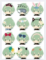 Rule 34 | 1boy, animal ear hairband, animal ears, bear boy, bear ears, black shirt, blue-framed eyewear, blue bow, blue flower, blush, border, bow, bowtie, cat boy, cat ears, chibi, closed mouth, commentary request, cropped shoulders, cross-shaped pupils, demon horns, double-parted bangs, eye mask, eyewear on head, fake animal ears, fire emblem, fire emblem: three houses, flower, flower wreath, green eyes, green hair, grey border, hair between eyes, hair bow, hair flower, hair ornament, hairband, hat, headband, heart, heart-shaped eyewear, highres, horns, lily (flower), male byleth (enlightened) (fire emblem), male byleth (fire emblem), male focus, multiple views, nintendo, nose bubble, pirate hat, rabbit boy, rabbit ears, red bow, red flower, rhea season, shirt, sleeping, smile, sunglasses, symbol-shaped pupils, white background, white flower, wolf cut, zzz