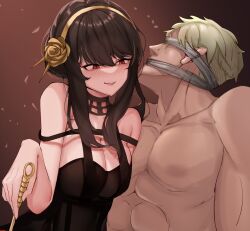 1boy 1girl bare_shoulders bdsm black_dress black_hair blindfold blonde_hair bondage bound breasts cleavage closed_mouth clothed_female_nude_male collarbone dress earrings femdom flower gagged hair_flower hair_ornament hairband hetero highres husband_and_wife jewelry large_breasts muscular muscular_male nude red_eyes sleeveless sleeveless_dress smile spy_x_family twilight_(spy_x_family) yehangqi3642 yor_briar