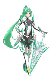 1girl absurdres aegis_sword_(xenoblade) aotsuba breasts cosplay earrings female_focus full_body gloves green_eyes green_hair high_heels highres holding holding_sword holding_weapon jewelry kid_icarus long_hair looking_at_viewer matching_hair/eyes medium_breasts nintendo palutena pneuma_(xenoblade) pneuma_(xenoblade)_(cosplay) ponytail simple_background smile solo standing swept_bangs sword tiara very_long_hair weapon white_background xenoblade_chronicles_(series) xenoblade_chronicles_2
