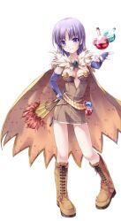 1girl alchemist_(ragnarok_online) blush boots breasts brown_cape brown_dress cape closed_mouth dress elbow_gloves fingerless_gloves flask folding_fan full_body fur_collar gloves hand_fan holding holding_fan large_variant_set looking_at_viewer medium_breasts medium_hair miyase_mahiro official_art potion purple_eyes purple_gloves purple_hair ragnarok:_guild_masters ragnarok_online round-bottom_flask short_dress simple_background smile solo standing strapless strapless_dress transparent_background variant_set