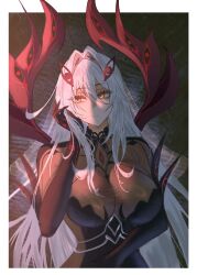 1girl black_dress bodystocking breasts closed_mouth cowlick detached_sleeves dress extra_eyes eye_hair_ornament eye_symbol genshin_impact hair_between_eyes hair_intakes hair_ornament highres large_breasts long_hair looking_at_viewer looking_to_the_side ronova_(genshin_impact) s7nsles side_ahoge solo symbol-shaped_pupils veil very_long_hair white_hair wings yellow_eyes