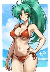 1girl angelina_(langrisser) armpits artist_logo artist_name bikini breasts cleavage closed_mouth commission eyebrows_hidden_by_hair gluteal_fold green_hair groin highres langrisser langrisser_iv large_breasts logo long_hair looking_at_viewer ocean one_eye_closed orange_bikini orange_eyes ponytail rotomdocs shadow smile solo swimsuit