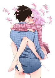 1boy 1girl absurdres aijou_rentarou barefoot blue_shirt blush bottomless brown_hair commentary couple hair_down heart heart-shaped_pupils hetero highres hug kimi_no_koto_ga_dai_dai_dai_dai_daisuki_na_100-nin_no_kanojo kiss leg_lock long_sleeves medium_hair momi_momiji petite pink_eyes pink_hair pink_shirt plaid_clothes plaid_shirt saliva sex shashadog18 shirt simple_background suspended_congress symbol-shaped_pupils testicles unmoving_pattern white_background