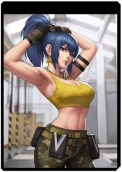 1girl blue_eyes blue_hair breasts cleavage curvy earrings female_focus gloves jewelry large_breasts leather leona_heidern long_hair looking_at_viewer military pale_skin pants ponytail shirt standing tank_top the_king_of_fighters the_king_of_fighters_xv thick_thighs thighs tight_clothes tight_shirt wide_hips