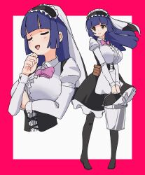Rule 34 | 1girl, :d, bad id, bad twitter id, black corset, black pantyhose, black skirt, blue hair, blunt bangs, blunt ends, blunt sidelocks, border, bow, bowtie, breasts, bucket, center frills, character request, closed eyes, collared shirt, commission, copyright request, corset, cropped torso, cross-laced clothes, cross-laced corset, frilled hairband, frilled skirt, frills, full body, hairband, hand up, highres, hime cut, holding, holding bucket, juliet sleeves, large breasts, layered skirt, long hair, long sleeves, multiple views, no shoes, open mouth, osakana (kitasisn), pantyhose, pink bow, pink bowtie, pouch, puffy sleeves, shirt, sidelocks, skeb commission, skirt, sleeve cuffs, smile, standing, u u, veil, white shirt, white veil, yellow eyes