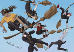 Rule 34 | 6+boys, animal ears, blue background, blue hair, broom, broom riding, brown hair, commentary request, flying, green eyes, highres, hyena boy, hyena ears, jamil viper, leona kingscholar, lion boy, lion ears, lion tail, long hair, male focus, midair, multiple boys, night raven college gym uniform, ponytail, red hair, riddle rosehearts, rook hunt, ruggie bucchi, shirt, simple background, tail, twisted wonderland, ukichan12011, yellow shirt