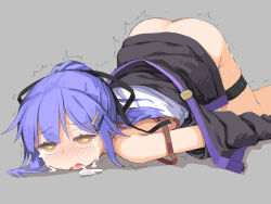 1girl after_rape ass bad_id bad_twitter_id bare_shoulders black_jacket black_ribbon blush bottomless crying crying_with_eyes_open cum cum_in_mouth cumdrip female_focus grey_background hair_ornament hair_ribbon hairclip hassai highres jacket long_hair nose_blush off_shoulder open_mouth original ponytail purple_hair ribbon simple_background sleeveless solo tears thigh_strap top-down_bottom-up trembling yellow_eyes
