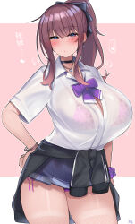 1girl absurdres animal_print black_bow black_choker blue_eyes blue_skirt blush bow bowtie bra bra_visible_through_clothes breasts brown_hair cevio choker clothes_around_waist highres jacket jacket_around_waist kutan large_breasts leopard_print leopard_print_bra looking_at_viewer miniskirt mole mole_under_eye natsuki_karin panties pantyshot pink_bra pink_panties ponytail purple_bow purple_bowtie see-through_clothes see-through_shirt shirt skirt smile solo tan tanline underwear wet wet_clothes wet_shirt white_shirt