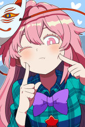 Rule 34 | 1girl, aqua shirt, blue background, bollzzalguy, bow, bowtie, breasts, bright pupils, collared shirt, fingers to cheek, hair between eyes, hata no kokoro, heart, highres, light blush, long hair, looking at viewer, mask, mask on head, one eye closed, pink eyes, pink hair, purple bow, purple bowtie, shirt, solo, touhou, upper body, white pupils