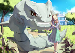1girl absurdres bow bowtie brown_eyes brown_hair building cardigan commentary_request creatures_(company) day dress eredhen game_freak gen_1_pokemon gen_2_pokemon grass green_dress grin hair_bobbles hair_ornament highres jasmine_(pokemon) long_hair magnemite nintendo outdoors pokemon pokemon_(creature) pokemon_hgss rock sandals sky three-quarter_sleeves smile standing steelix teeth toes tree two_side_up