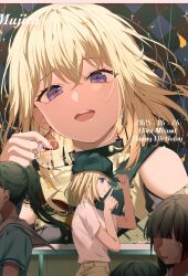 4girls bang_dream! bare_shoulders baseball_cap billboard black_hat blonde_hair commentary doloris_(bang_dream!) guitar hair_between_eyes hanasakigawa_school_uniform happy_birthday hat highres holding holding_plectrum instrument looking_at_viewer me_a_(r_party428) medium_hair misumi_uika multiple_girls people plectrum purple_eyes school_uniform shirt short_sleeves sign sleeveless sparkle teeth twitter_username upper_body upper_teeth_only white_shirt