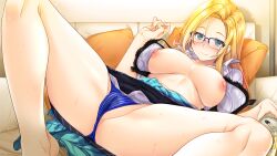 1girl azumino_g_sakurako beer_can blonde_hair blue_eyes blush bra breasts breasts_apart breasts_out cameltoe can clothes_around_waist couch cushion drink_can drunk embarrassed female_focus game_cg gintarou_(kurousagi108) glasses groin holding indoors large_breasts legs long_hair looking_at_viewer lying megasuki!_~kanojo_to_boku_no_megane_jijou~_azumino_g_sakurako_hen mole mole_under_eye nipples open_bra open_clothes original panties skirt smile solo spread_legs thighs underwear upskirt