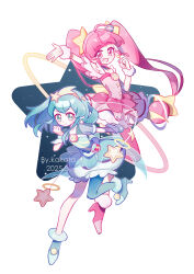 2girls absurdres ahoge anklet antennae aqua_boots aqua_dress aqua_eyes aqua_hair aqua_pantyhose aqua_wrist_cuffs artist_name back_bow blunt_bangs boots bow brooch bubble_skirt clenched_hand closed_mouth commentary cure_milky cure_star dated dot_nose dress earrings english_commentary eyelashes floating_clothes floating_hair frilled_skirt frilled_wrist_cuffs frills full_body fur_cuffs hagoromo_lala hair_ornament hairband happy high_heel_boots high_heels highres hoshina_hikaru jewelry kakata light_blush long_hair magical_girl medium_hair miniskirt multiple_girls open_mouth outstretched_arm pantyhose pink_boots pink_dress pink_eyes pink_hair planetary_ring precure see-through_clothes see-through_sleeves shooting_star_hair_ornament short_dress short_sleeves single_leg_pantyhose skirt skirt_under_dress smile star_(symbol) star_button star_earrings star_hair_ornament star_print star_twinkle_precure tareme thigh_boots twintails very_long_hair watermark white_background white_skirt white_sleeves white_wrist_cuffs wrist_cuffs yellow_bow yellow_hairband