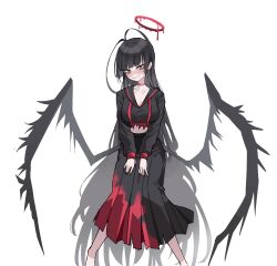 Rule 34 | 1girl, absurdres, antenna hair, black hair, black serafuku, black wings, blood, blood halo, blood on clothes, blue archive, breasts, cleavage, halo, highres, hwanman, large breasts, liquid halo, long hair, looking at viewer, low wings, navel, nervous smile, red eyes, school uniform, serafuku, simple background, smile, solo, tsurugi (blue archive), very long hair, white background, wings