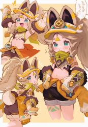 ! !! 1girl absurdres animal_ears arms_up bandana bandana_around_neck black_shorts blue_eyes blush braid brown_hair chinchilla_ears chinchilla_girl chinchilla_tail crop_top flying_sweatdrops genshin_impact hat highres kachina_(genshin_impact) long_hair mittens mscdraw multiple_views open_mouth parted_lips ponytail shorts side_braids simple_background sleeveless stomach tail visor_cap