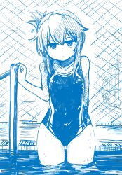 1girl blue_theme chain-link_fence competition_swimsuit cowboy_shot fence flat_chest folded_ponytail gluteal_fold highres inazuma_(kancolle) kantai_collection looking_at_viewer monochrome one-piece_swimsuit pool_ladder poolside solo standing swimsuit unagiman wading
