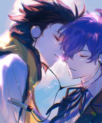 2boys black_hair black_jacket blue_hair closed_eyes closed_mouth collared_shirt earphones hair_over_one_eye jacket light_smile male_focus mochizuki_ryouji multiple_boys persona persona_3 rrrrrrrrrrrou1 scarf shared_earphones shirt short_hair upper_body white_shirt yellow_scarf yuuki_makoto_(persona_3)
