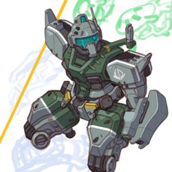 alternate_color assault_visor blue_visor cameron_sewell commentary english_commentary gelgoog gelgoog_(gquuuuuux) gundam gundam_gquuuuuux looking_to_the_side mecha mecha_focus no_humans robot science_fiction sketch_background solo squatting white_background