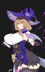 1girl absurdres artist_name between_thighs black_background black_gloves black_thighhighs blue_dress book breasts brown_hair dress dress_flower flower genshin_impact gloves green_eyes hair_between_eyes hat highres holding holding_book huge_breasts index_finger_raised lisa_(genshin_impact) long_hair looking_at_viewer magic pointing pointing_at_viewer purple_flower purple_hat rose shrug_(clothing) simple_background smile solo thighhighs thighs underbust witch_hat yanje zettai_ryouiki
